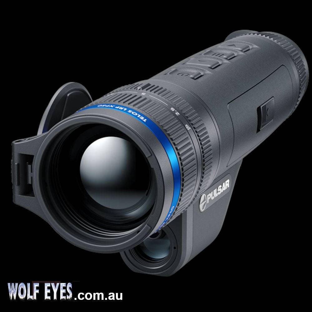 Pulsar Telos XG50 LRF long-range thermal monocular with 2300m detection and integrated laser rangefinder, ideal for outdoor surveillance and hunting.