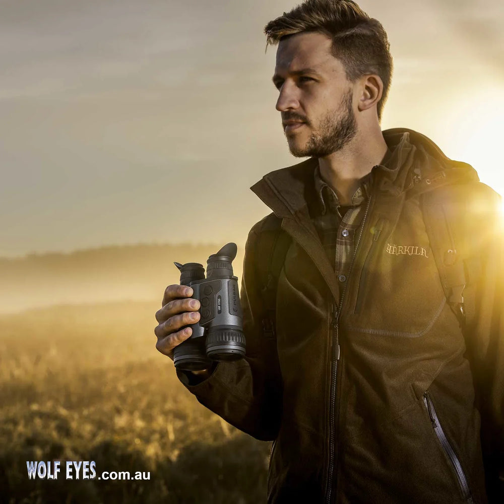 Pulsar Merger XT50 LRF thermal binoculars showing size