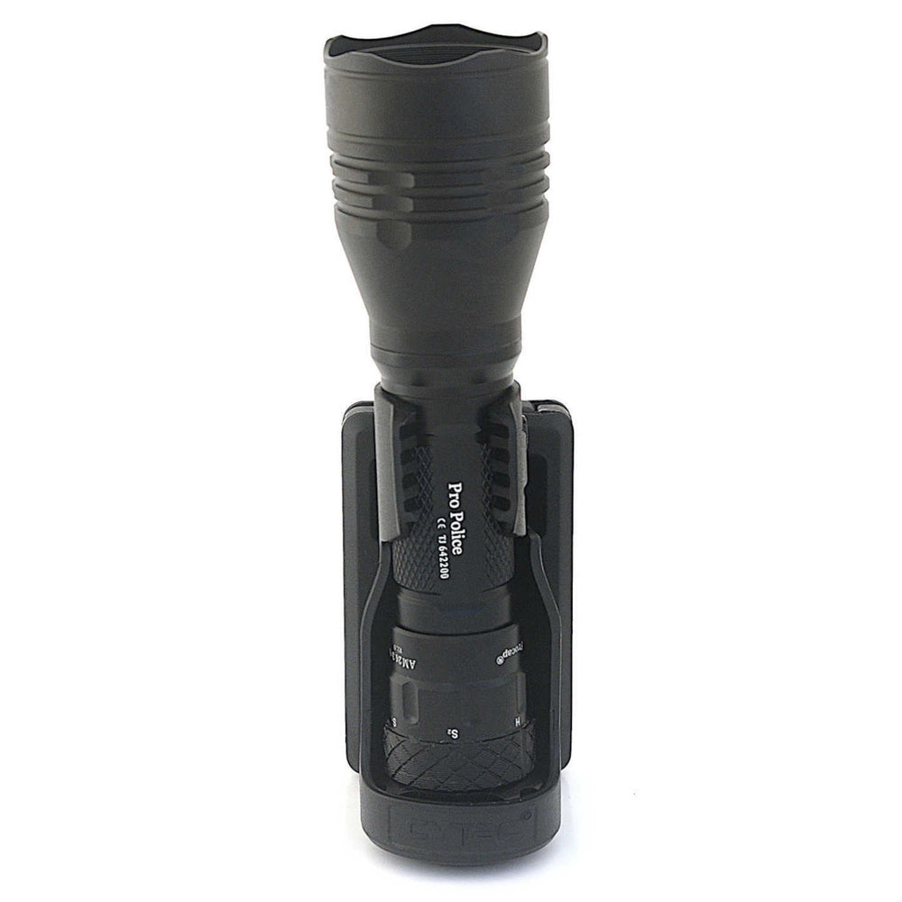 Wolf Eyes Pro Police Ultra LED Rechargeable Torch can be carried on a belt