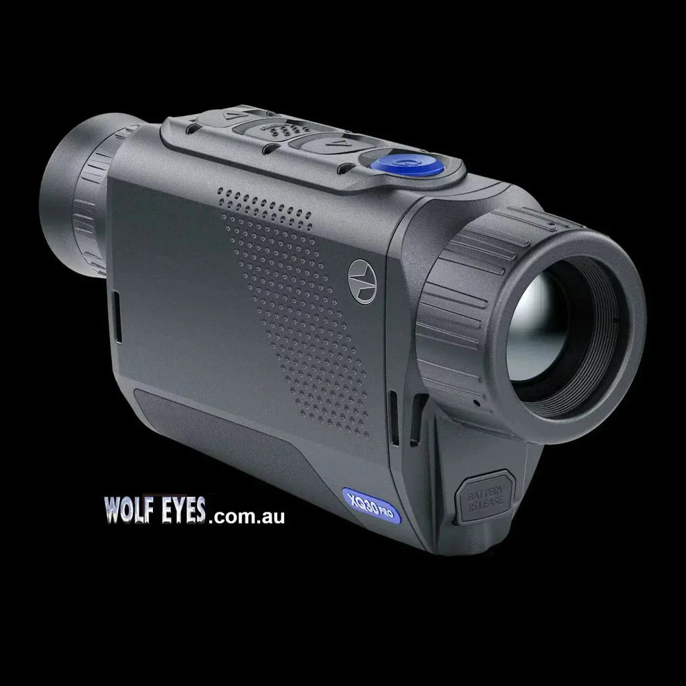 Pulsar Axion Compact XQ30 Pro thermal monocular shown with ergonomic controls and Wolf Eyes branding, ideal for wildlife observation and hunting.