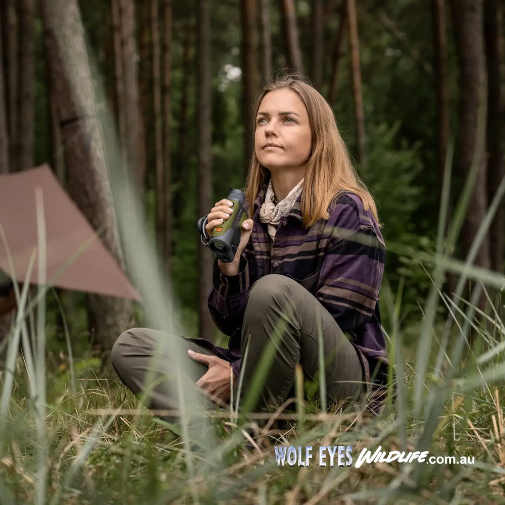 women in bush using Pulsar Wildlife Orni XG35 LRF thermal monocular Australia