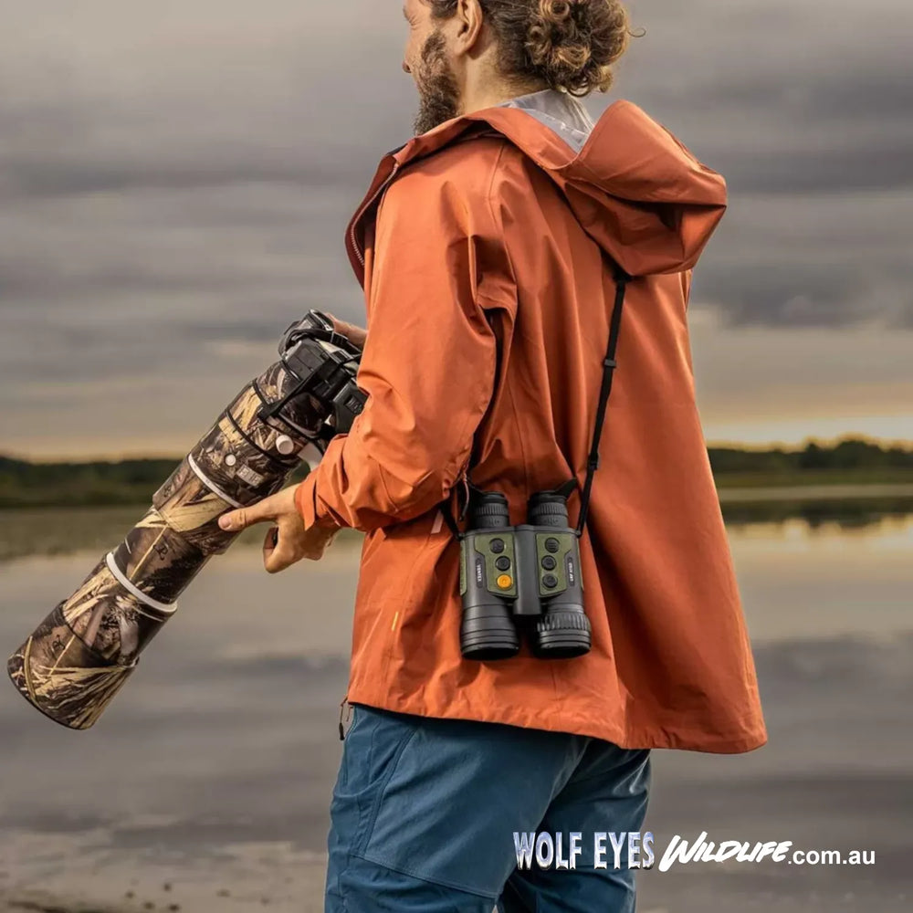 Pulsar Wildlife Ventex XT50 XP35 LRF thermal binoculars Australia being used birdwatching photography with long camouflaged lens 