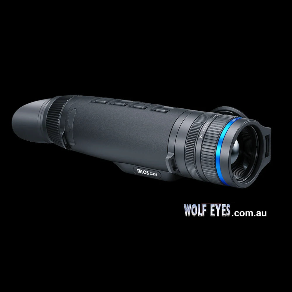 Pulsar Telos XQ35 thermal monocular with Wolf Eyes branding, displayed on black background to highlight its sleek, upgradeable design.